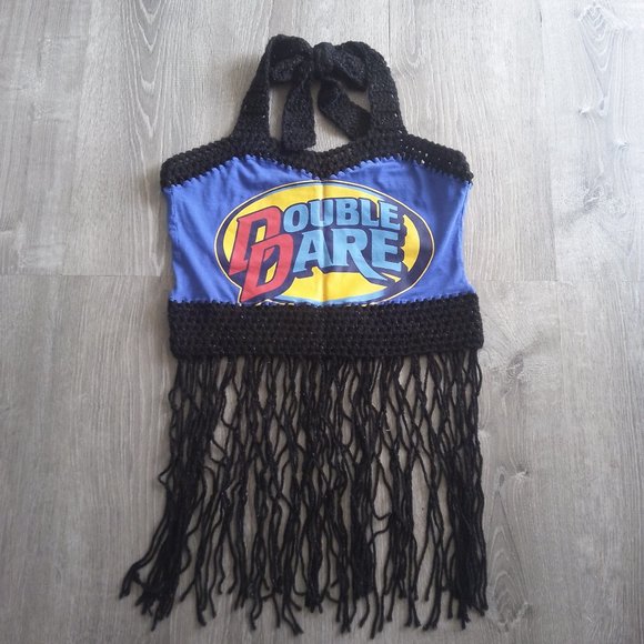 Sexy Boho Handmade DOUBLE DARE Royal Blue Cropped Halter Top w/ Fringes - Picture 5 of 7